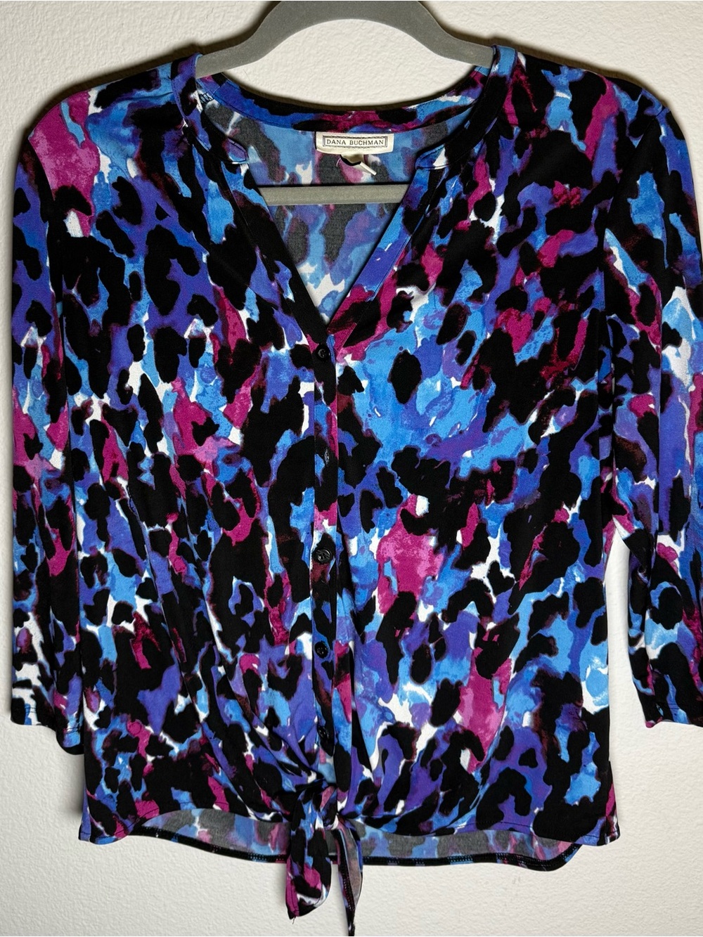 Dana Buchman Black, Blue & Magenta Tie-Front V-Neck Blouse